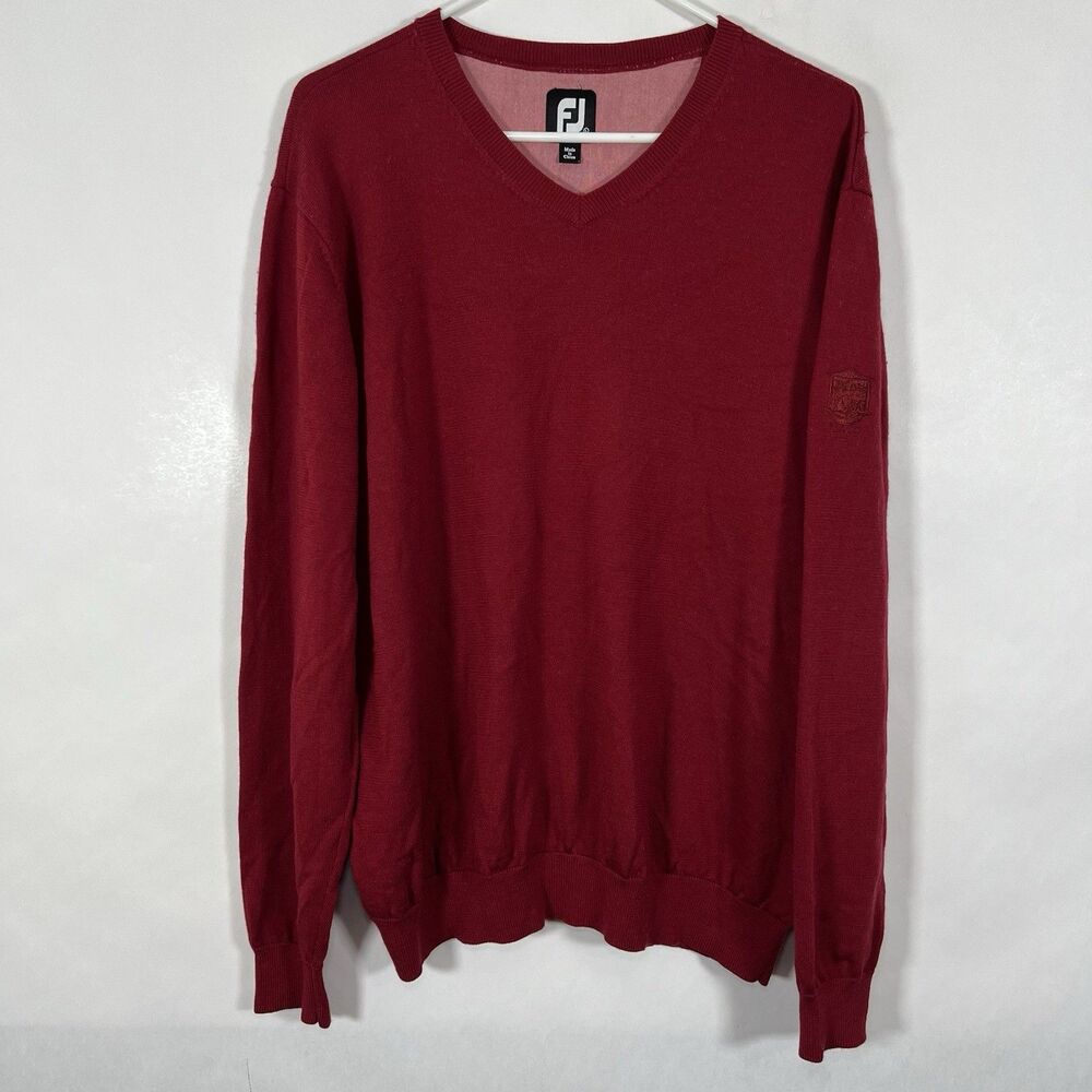 FootJoy V Neck 100% Wool Sweater Mens Size Large Red Pullover Long Sleeve Logos